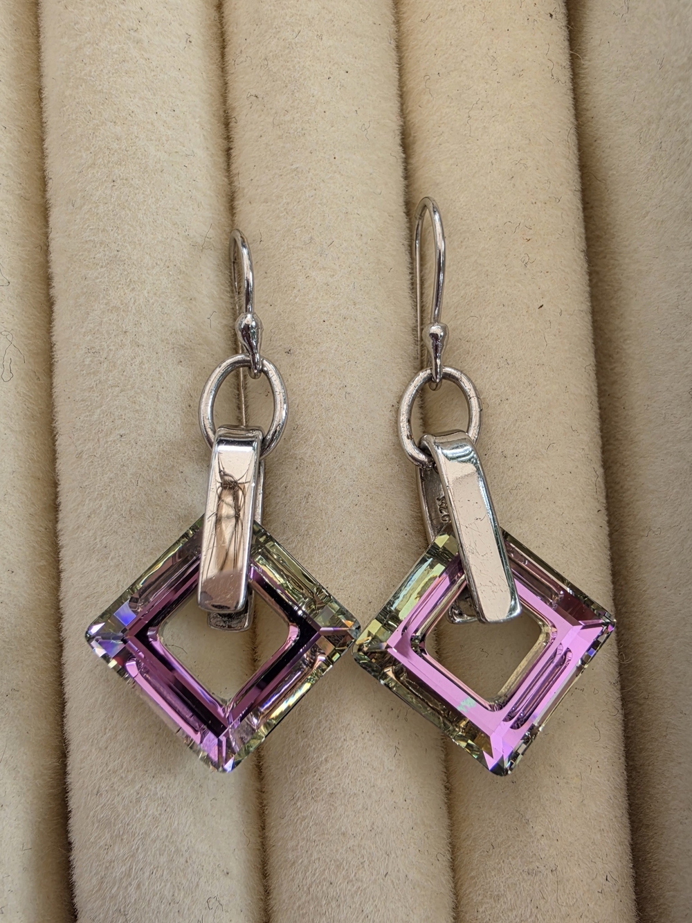 925 Sterling Silver AB Square Crystal Drop Earrings • 6.39g